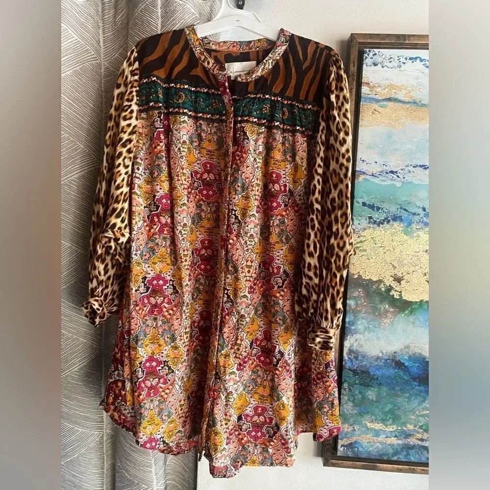 Anthropologie Mini Dress Sz XS Boho Tunic Floral Multicolored Oversized